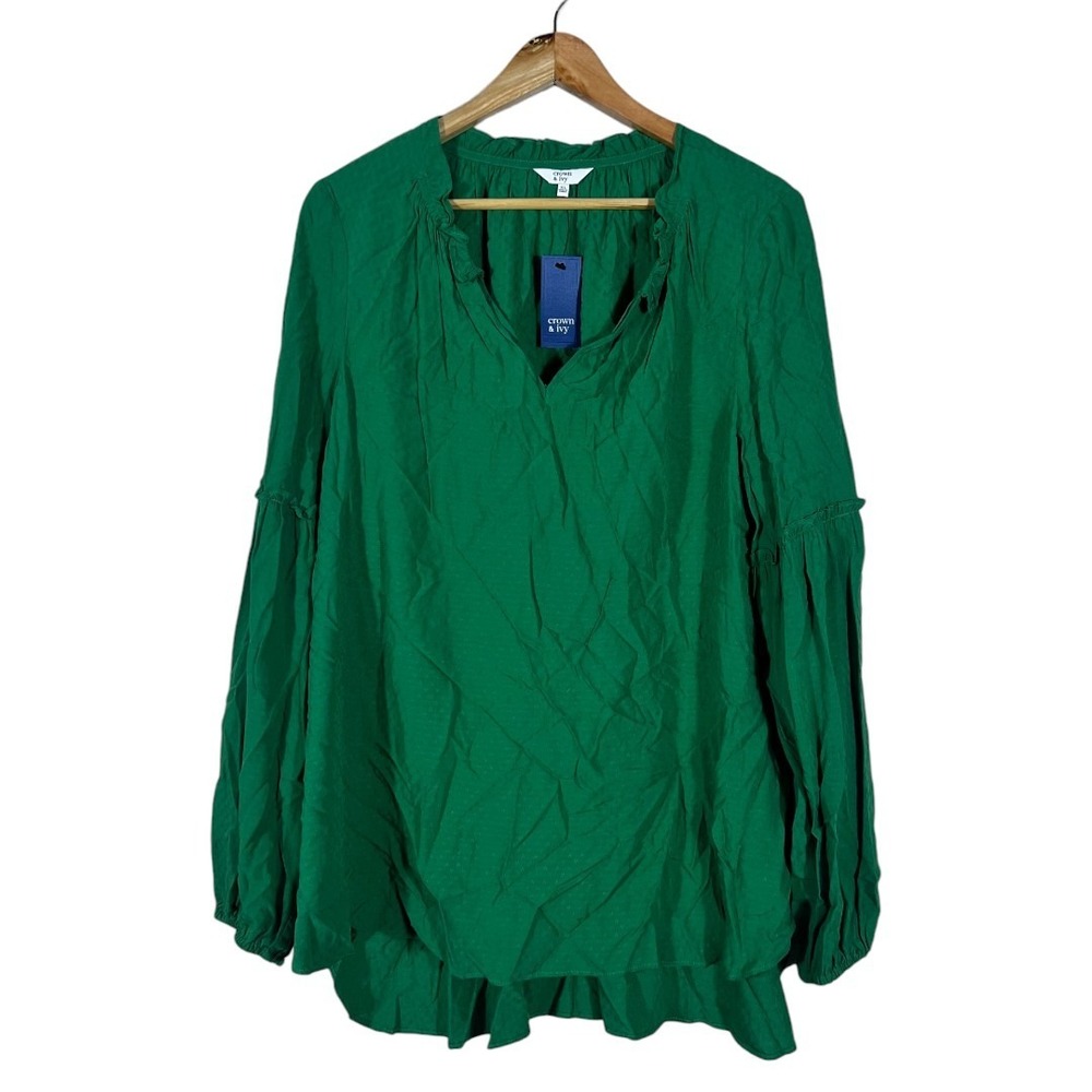 NWT Crown & Ivy Boho Dobby Textured Blouse Green Peasant Balloon Sleeve Size XL